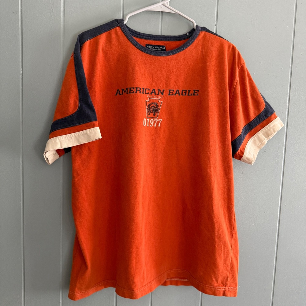 American Eagle Outfitters Mens Orange Print T-Shirt Large 01977 Tumblr Era 1990s